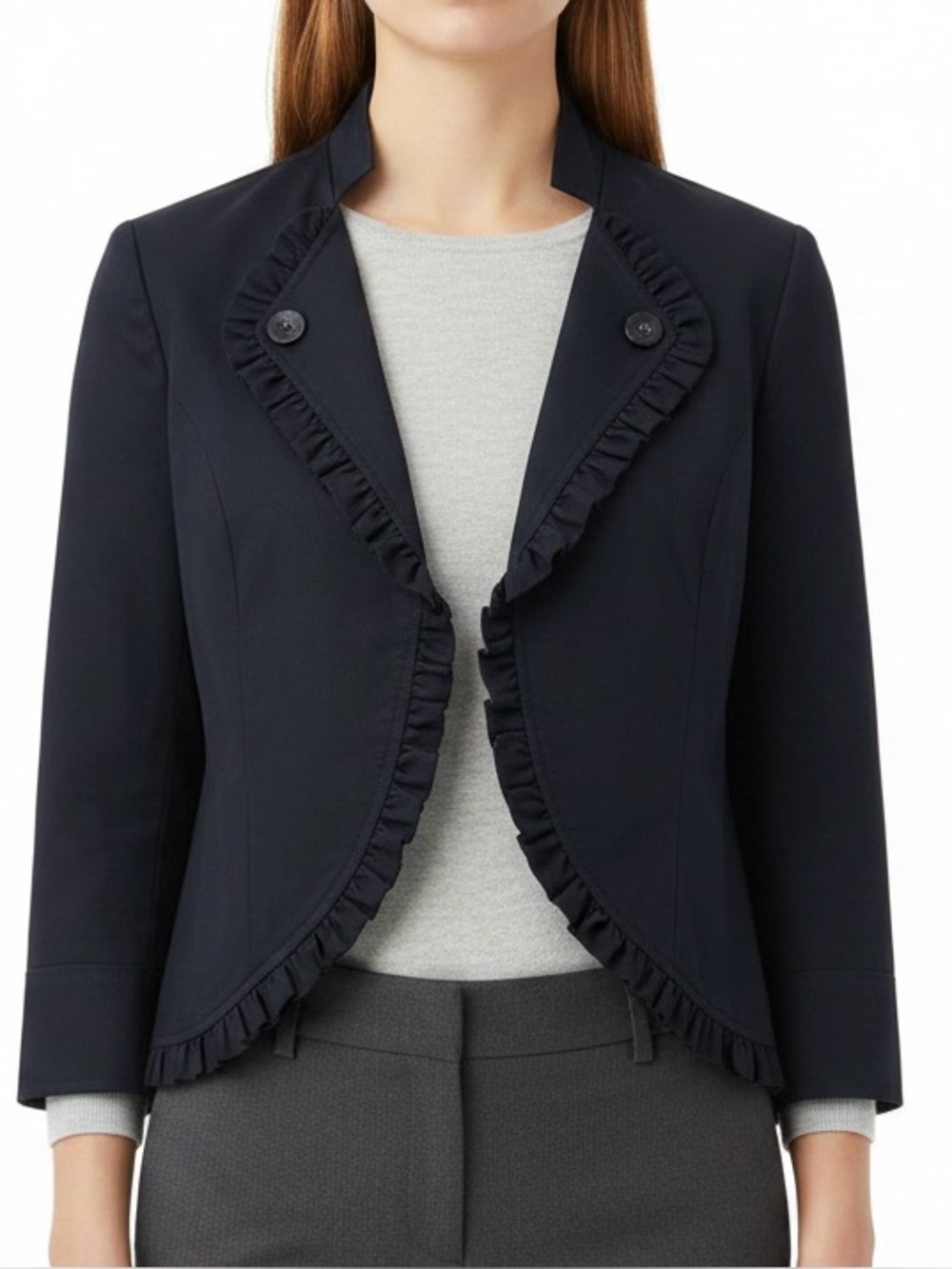 John Paul Richard Navy Ruffle-Trim Blazer
